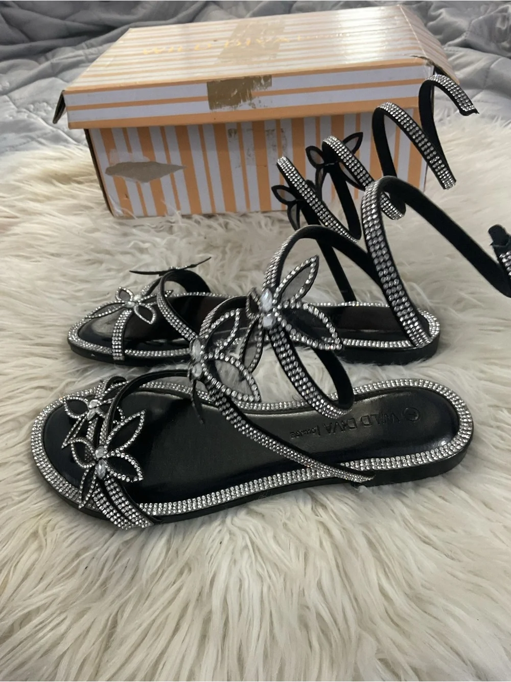 Wild Diva Black Rhinestone Floral Wrap Sandals